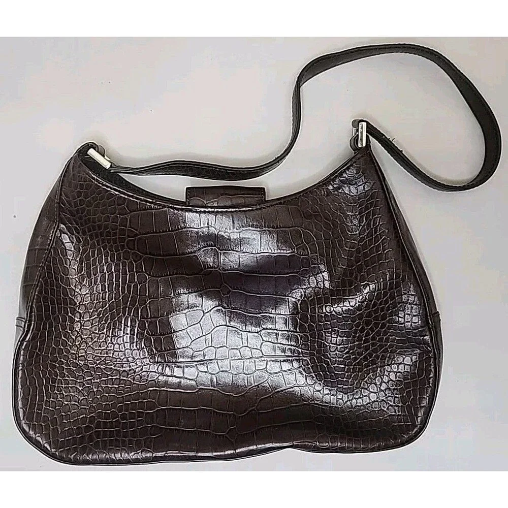 Casual Corner Leather Handbag Purse Crocodile Design Brown w/ Silver Hardware